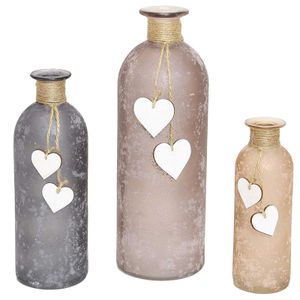 SIDCO Blumenvase 3 x Vase Flasche Herz Flaschenvase Glas Set Herzchen rosa grau Deko