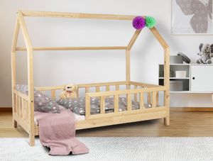 Kinderbett Hausbett Julia -140x200cm-mit Rausfallschutz und Lattenrost, Hüttenbett aus natürlichem Kiefernholz