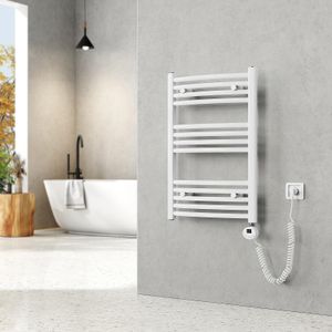 EMKE Elektrischer Badheizkörper Gebogen Badheizkörper Elektrisch mit Thermostat, Handtuchtrockner mit Heizstab, Weiß, 75x50cm, 292W