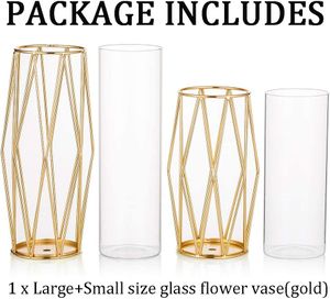 Vase für Pampasgras, Glas Gold Hochbodenvase mit geometrischem Metallständer, Knospenblumentopf (Klein+Groß)