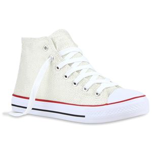 Mytrendshoe Damen Sneakers High Top Glitzer Turnschuhe Freizeit Flats 811079, Farbe: Creme, Größe: 37
