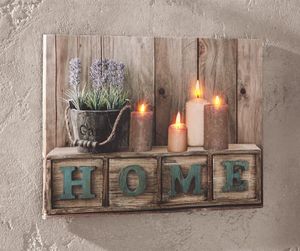 LED Bild "Home", Leinwand mit Beleuchtung, flackernde Kerzen, Wanddeko