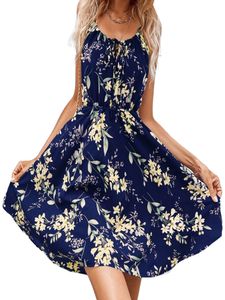Damen Sommerkleider Lace Up Minikleid Ruffle Floral Kurze Kleider Freizeitkleider Marineblau,Größe M