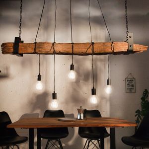 riess-ambiente Industrial Hängelampe BARRACUDA 152cm recyceltes Massivholz mit 5 Leuchten Hängeleuchte Deckenleuchte Esszimmerlampe