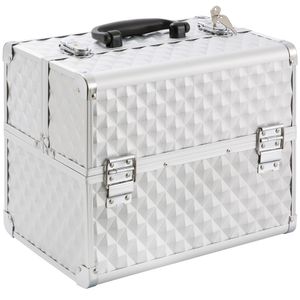 Kosmetický kufřík AREBOS, kufřík na kosmetiku, 15 l, 5 přihrádek, hliník, diamantový vzor, včetně zámku a klíče, sametová vložka, 32 x 27 x 22 cm, stříbrný