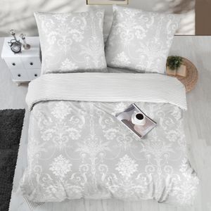 Bettwäsche-Set 200x220 grau - 3-teilig - kuschelig weich - Baumwolle Bettbezug weiß Barockdesign Kissenbzug mit Verdecktem Reißverschluss, Alone V1