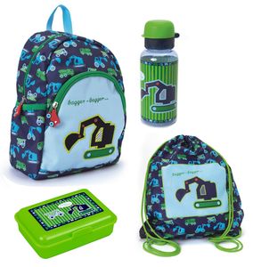 Kindergarten Rucksack Set 4tlg. mit Turnbeutel, Dose und Trinkflasche Bagger