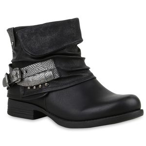 Mytrendshoe Damen Biker Boots Nieten Stiefeletten Metallic Schnallen 811829, Farbe: Schwarz, Größe: 37
