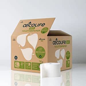 oecolife Toilettenpapier Box RECYCLING, 3-lagig, 27 Rollen x 250 Blatt, Großpackung, superweich, plastikfrei verpackt, vegan, nachhaltiges Klopapier