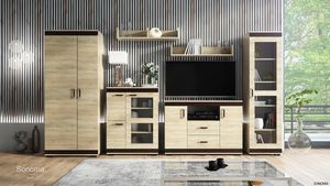 Wohnwand FENIX Anbauwand 6-teilig Schrankwand, Kleiderschrank, Fernsehschrank, Vitrine, zwei Wandregale, Kommode, Sonoma Eiche