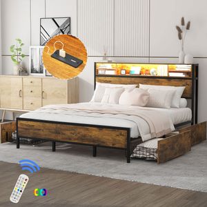 Flieks Doppelbett Jugendbett 180x200cm mit USB und LED, Metallbett mit 4 Schubladen, Stauraumbett mit Lattenrost, Klassisches Bett, Braun