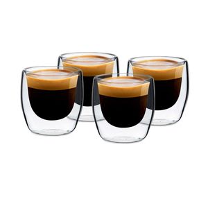 Glaswerk Espressotassen, Gläser Set mit 4 Espresso Tassen, Isolierte Kaffeetassen, Doppelwandige Gläser, Handgefertigte Espressotassen Set, Teegläser -30 bis 150°C, Espresso Thermogläser, Glas 80 ml