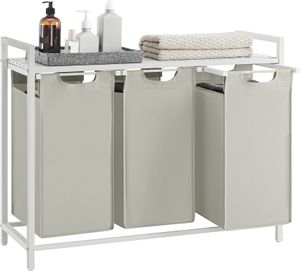 VASAGLE kosz na pranie 3 przegrody, z półką, wysuwany, zdejmowany, 3 x 38 L, biały