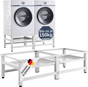 DELUKE® Waschmaschinen Untergestell doppelt SION - mit Ablage, 124x54cm Stahl | Doppeluntergestell Waschmaschinen Unterschrank Waschmaschinen Sockel Trockner Untergestell bis je 150 kg | Weiß