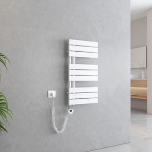 EMKE Handtuchtrockner Elektrisch Asymmetrie Badheizkörper mit Timing Thermostat Handtuchwärmer 762 x 400mm Weiß Handtuchhalter Heizkörper mit 400W Heizstab