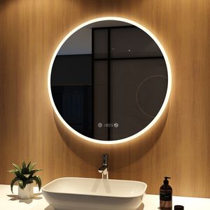 Meykoers LED Spiegel Rund 80 cm Lichtspiegel Multifunktionaler Spiegel Zeit und Temperaturanzeige mit Entfogging-Funktion Spiegel