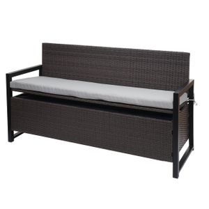 Polyratanová 3místná lavice HWC-F39, zahradní lavice lavice s truhlou, úložný prostor sedák  šedá, polštáře šedé