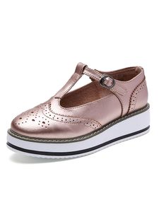 Damen T-Strap Kleid Schuh Mode Loafers Bequeme Rutschfeste Vintage Leder Oxford Schuhe Gold,Größe:EU 40