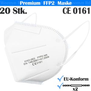 20x FFP2 Maske, 95% Filtration Atemschutzmasken, 5 Schichten Mundschutz, CE, weiß