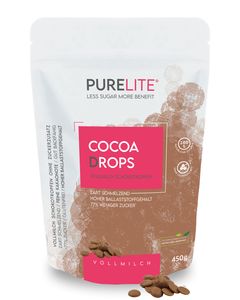 PURELITE Cocoa Drops 450g, zuckerreduzierte/zuckerfreie Schokodrops/Schokolade ohne Zuckerzusatz mit Erythrit & Stevia ohne Nachgeschmack, vollmilch