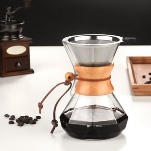 Pour Over Kaffeebereiter mit Edelstahlfilter, Borosilikatglas Kaffeekanne, Holzkragen, Kaffeefilter-Brauer, transparent, 600 ml