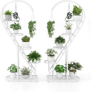 GOPLUS 5-stufiger Metall-Pflanzenständer in Herzform, Pflanzenregal mit 4 Aufhängehaken, Blumenständer für den Innen- und Außenbereich (Weiß)
