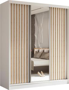 BEAUTYSOFA Schrank mit Lamellen HELIX 180cm - Kleiderschrank im modernes Stil Garderobe mit Schwebetüren & Spiegel (Weiß + Artisan)