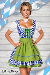 Dirndline Damen Minidirndl Oktoberfest Trachtenkleid Fasching Karneval Partykleid Dirndl, Größe:L, Farbe:blau/grün/weiß