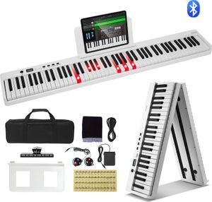 VEVOR 88-Tasten-Klappklavier, Bluetooth und MIDI, tragbares elektronisches digitales Klappklavier mit Sustain-Pedaltasche, berührungsempfindlichen Tasten, Kopfhörern, wiederaufladbar weiß