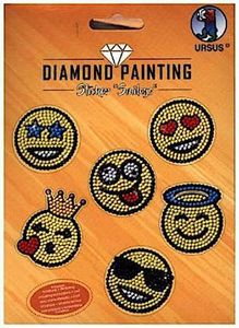 Ursus 43500006 - Diamond Painting Smileys, Stickern mit funkelnden Diamanten, Set mit 2 Stickerbögen in verschiedenen Designs, Diamantensteine, Picker, Wachs und Schale, inklusive Anleitung