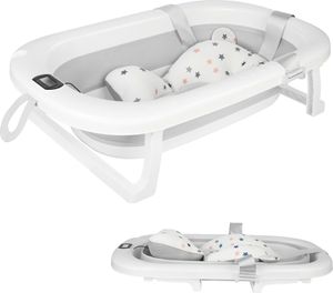 Faltbare Babybadewanne mit rutschfestem Badekissen,Badewanne XXL mit Thermometer,Kinderbadewanne mit Abflussloch für 0-24 Monate (Grau)