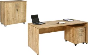 Schreibtisch Set 2 Nuvi, Saphir EicheNachbildung, inkl. Schreibtisch 180 cm, Rollcontainer 3 Schübe & Aktenschrank