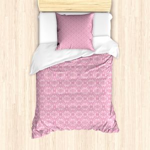 ABAKUHAUS rosa Damast Bettbezug Set für Einzelbetten, Abstrakt Curvy Romantische, Milbensicher Allergiker geeignet mit Kissenbezug, 135 cm x 200 cm - 80 x 80 cm, Baby-Rosa Pale Eggshell