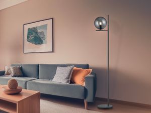 LED Stehleuchte Anthrazit Kugel Lampenschirm Rauchglas Leselampe hinter Sofa