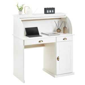Sekretär TOM aus massiver Kiefer in weiß, schöner Bürotisch mit 2 Schubladen und 1 Tür, praktischer Arbeitstisch mit Rollladen