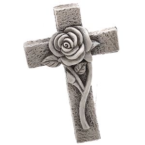 Besinnliche Grabdeko zur Erinnerung, frostfest und witterungsbeständig Grabschmuck - Grabfigur - Friedhof Deko (Kreuz mit Rose 12,5x9x2,5 cm)