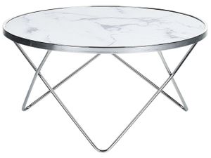 BELIANI Couchtisch Weiß Silber Sicherheitsglas Metall 40 x 80 cm V förmigen Füße Glänzend Marmor Optik Rund Modern