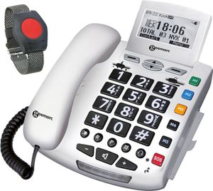 ELDAT Fon Alarm APF03: Hausnotruf, Telefon mit Notrufarmband; schnurgebundenes Festnetztelefon mit Notrufknopf und Notruf Armband