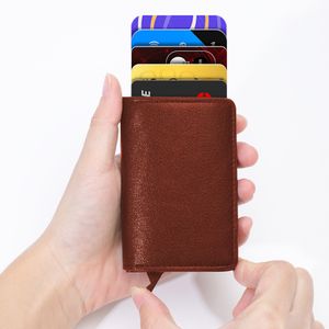 RFID Kartenetui Echtleder+Aluminium, Geldbörse Slim Wallet mit RFID Schutz, 8 Kartenfächern, Münzfach, Automatisch Pop Up für Herren Dame -Braun