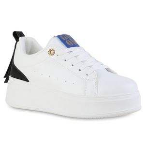 VAN HILL Damen Plateau Sneaker Prints Strass Zierperlen Schuhe 841115, Farbe: Weiß, Größe: 39