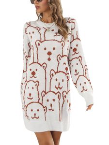 Frauen Langarm Mini Kleider Winter Crew Neck Pullover Jumper Warmes Geripptes Saumpullover Kleid,Farbe:Weiß,Größe:S