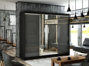 Kleiderschrank Venus 250 cm inklusive 3 Schiebetüren mit Spiegel Lieferung bis in die Wohnung Kleiderstange Garderobe Schrank (Farbe: schwarz, lacobel grau)