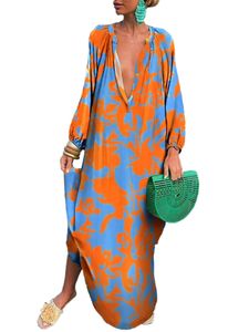Damen Maxikleid Sommerkleid V-Ausschnitt Kleider Langarm Lang Kleid Boho Strandkleid Orange,Größe XXL