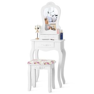 COSTWAY Schminktisch Set Kosmetiktisch mit abnehmbarem Spiegel gepolstertem Hocker und 3 Schubladen Weiß