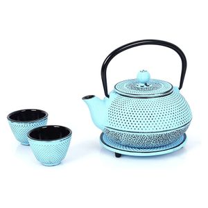 Echtwerk Teeservice Gusseisen Teekanne 1,1 L Teebereiter inkl. Untersetzer 2 Teetassen Teekannen-Set Vintage-Design, Farbe:Hellblau