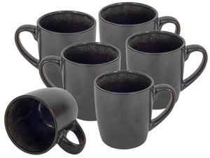 Kaffeebecher 6er Set je 350 ml - schwarz metallic / innen glänzend - Kaffeebecher mit Henkel - Tee Becher Kaffee Tasse aus Porzellan