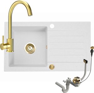 Granitspüle Küchenspüle mit Siphon und Armatur Gold Spülbecken Einbauspüle 76x44 Weiß