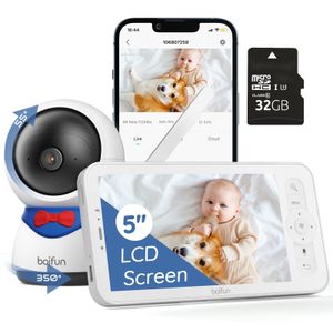 BOIFUN Babyphone mit Kamera App und 32GB SD-Karte, Automatisches AI-Tracking Babyfon 1080P, Zonenalarme, PTZ 350°, 5 Zoll LCD-Display Baby Monitor
