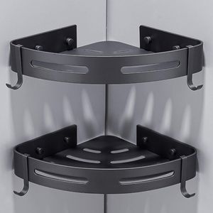 2stk Duschablage ohne Bohren Eckeregal Duschregal mit 2 Haken Aluminium Duschkorb rostfrei Wasserdicht Badzimmer Küche Toilette, schwarz