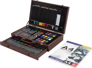 ECD Nemecko Súprava na maľovanie s dreveným kufríkom, 141 dielov, 37x24,5x9 cm, hnedá, výtvarná a kresliaca súprava pre deti a dospelých, box na maľovanie s pastelkami, olejovými pastelmi, farebnými ceruzkami, skicovacími ceruzkami, akvarelovými farbami a doplnkami